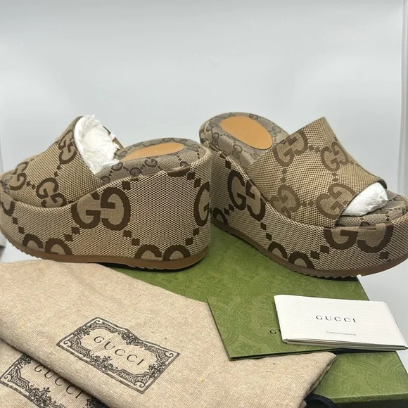 Gucci Brown Jumbo Monogram Platform Wedge Sandals, Sz 34 1/2 Box & Dustbags - Picture 10 of 16